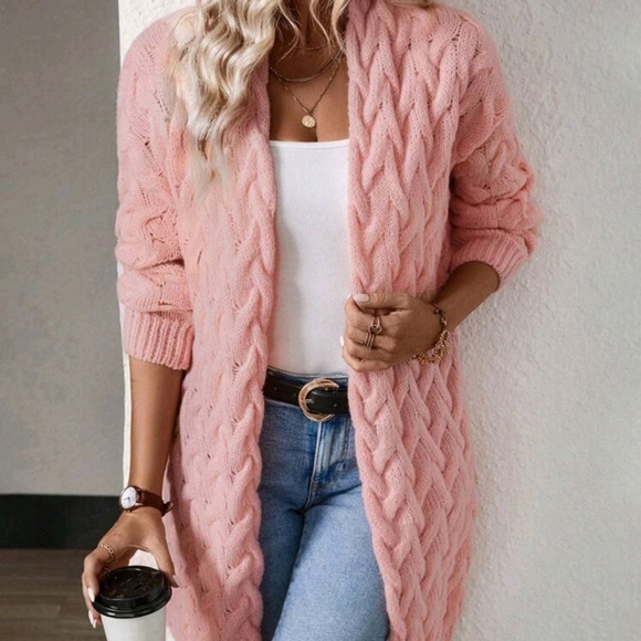 Sweaters - Essnce Solid Crochet Casual Versatile Knitted Cardigan, Long Sleeve